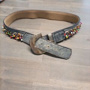 Vintage Catherine Dial Easley Blue Faux Leather Plastic Beaded Belt SZ M Unique
